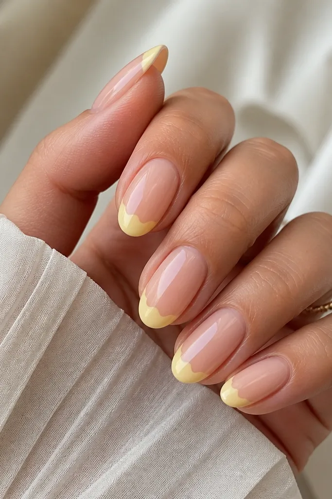 Medium oval nails with a light yellow tip shaped like a wavy skirt along the smile line. The waves are subtle and even. Base is nude glossy.