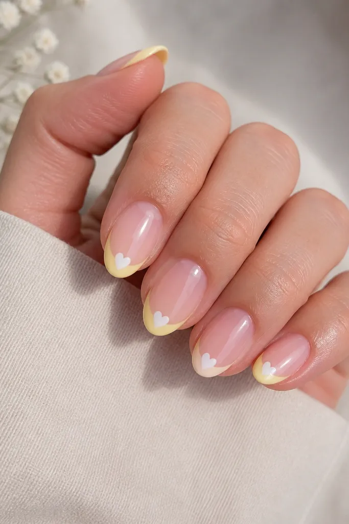 Short almond nails with a soft pastel yellow French tip. A tiny white heart sits in the center of each tip. Base is sheer pink glossy.