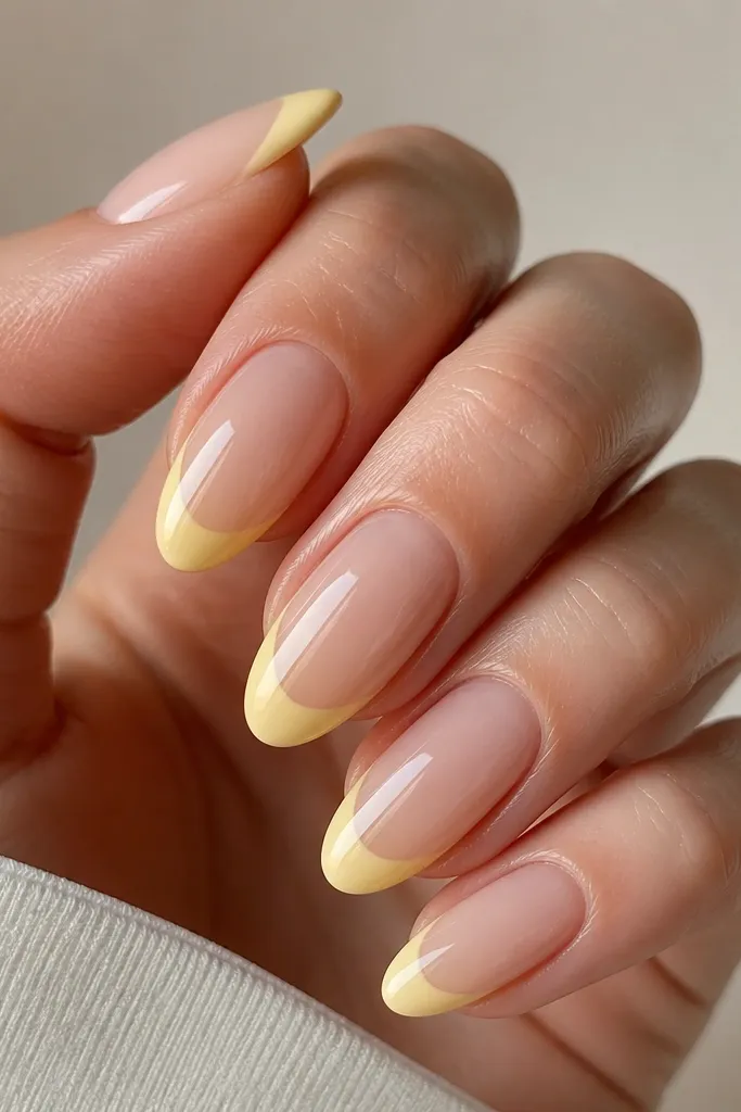 Medium squoval nails with pale yellow French tips covered in a glossy clear jelly layer. The yellow looks slightly translucent at the edges. Base is sheer nude jelly.