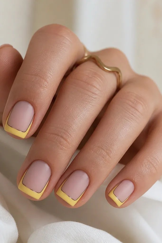 Short square nails with lemon yellow French tips. Two thin black lines run from the smile line down along both sides of the tip. Base is nude matte.
