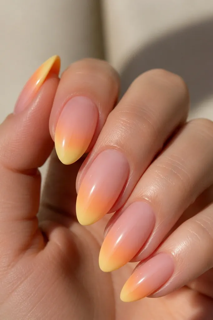 Medium almond nails with a light yellow French tip. The bottom edge of the yellow fades into a soft peach gradient. Base is nude glossy.