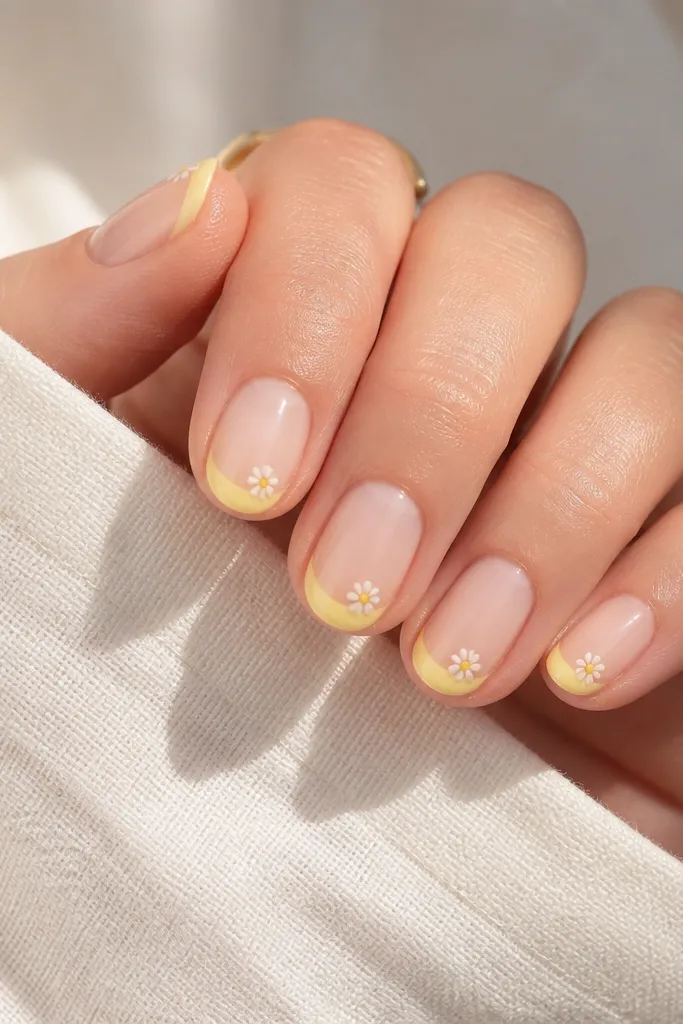 Short oval nails with pale yellow French tips. Each tip has a tiny white-and-yellow micro floral decal placed near the center-left. Base is sheer nude glossy.