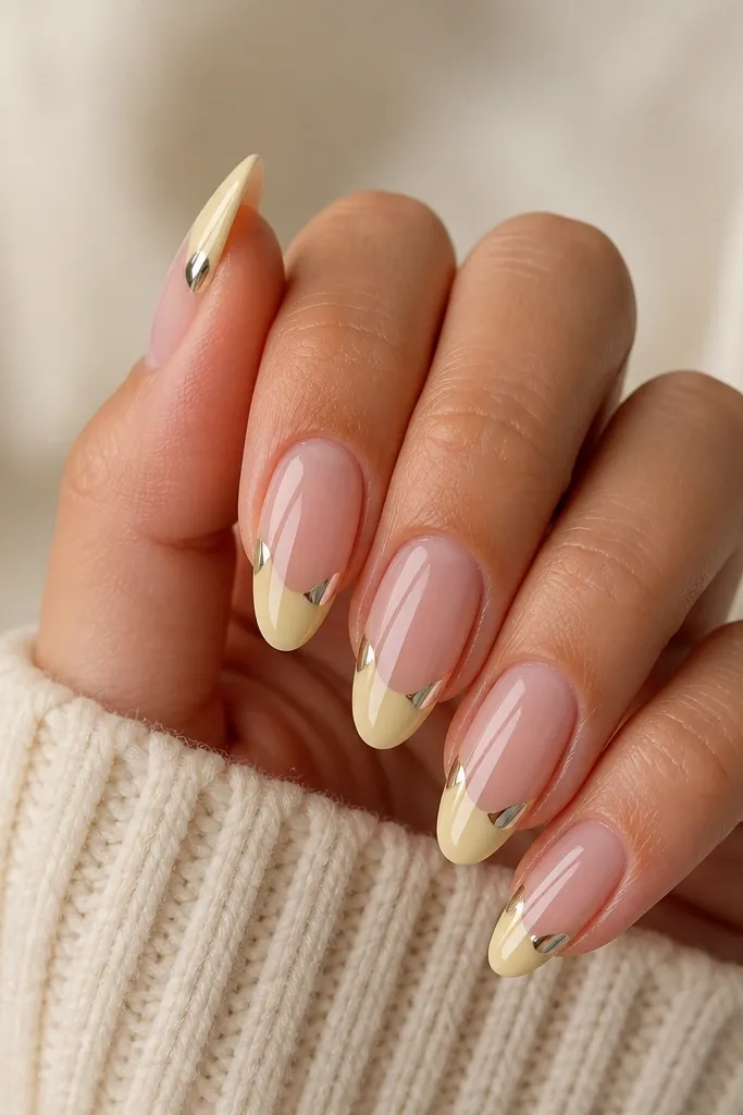 Medium almond nails with light yellow French tips. The tip is satin, but the outer corner is chrome gold. Base is nude glossy.