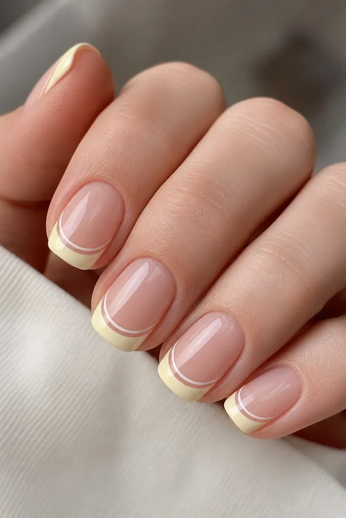 Short squoval nails with creamy yellow French tips. A clean white striped line runs parallel to the smile curve, created with thin tape. Base is nude glossy.