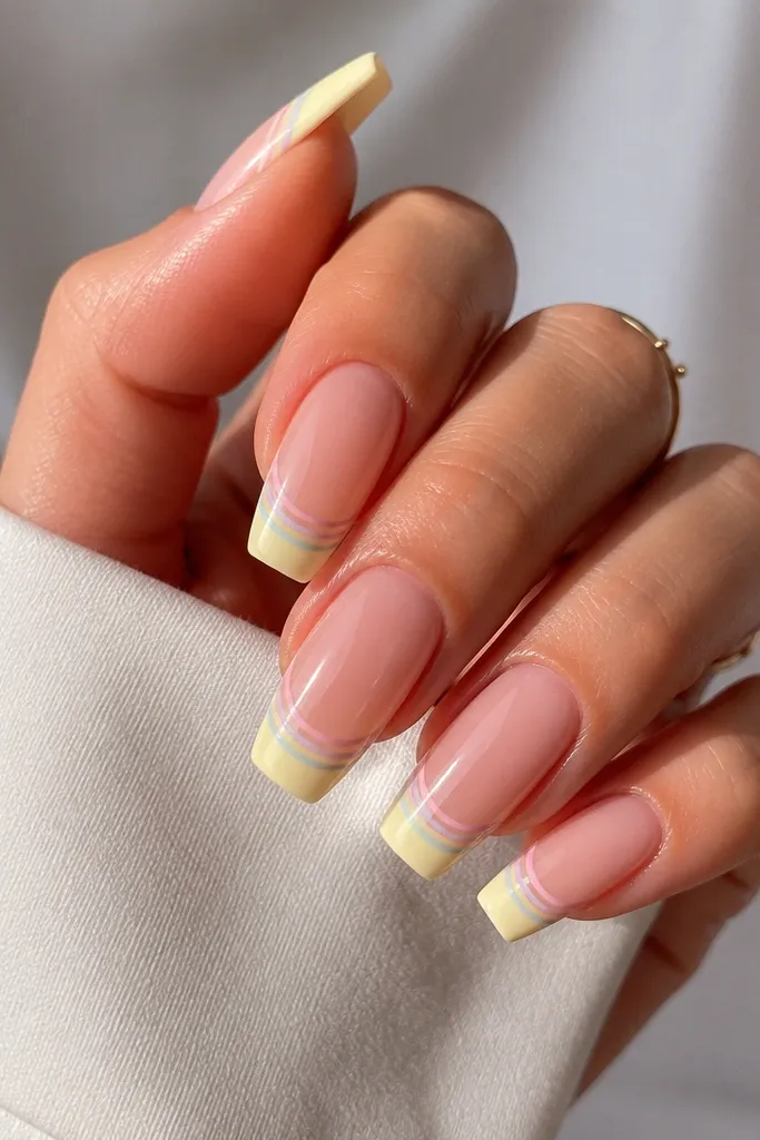 Medium coffin nails with light yellow French tips. Inside the tip are three ultra-thin micro lines in pastel rainbow colors. Base is nude glossy.