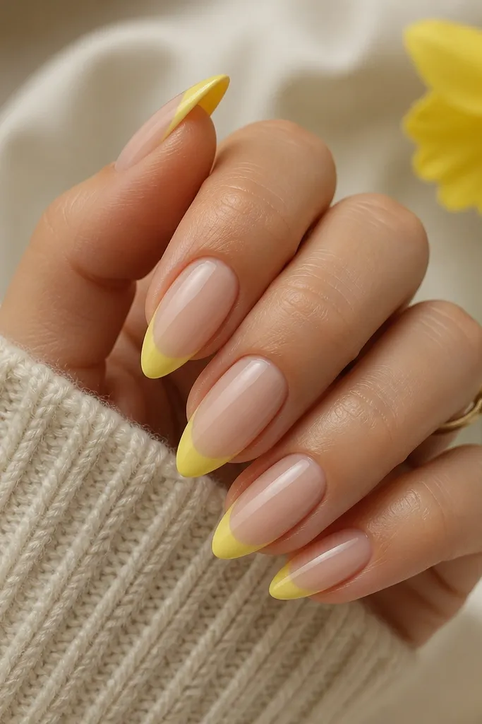 Almond nails with a daffodil yellow French tip. The center of the tip is slightly lighter and looks ombré from darker edges. Base is sheer nude satin.