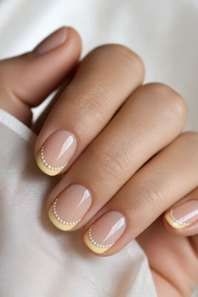 Short oval nails with light yellow French tips. A border of tiny pearl dots runs along the smile curve. Base is nude glossy.