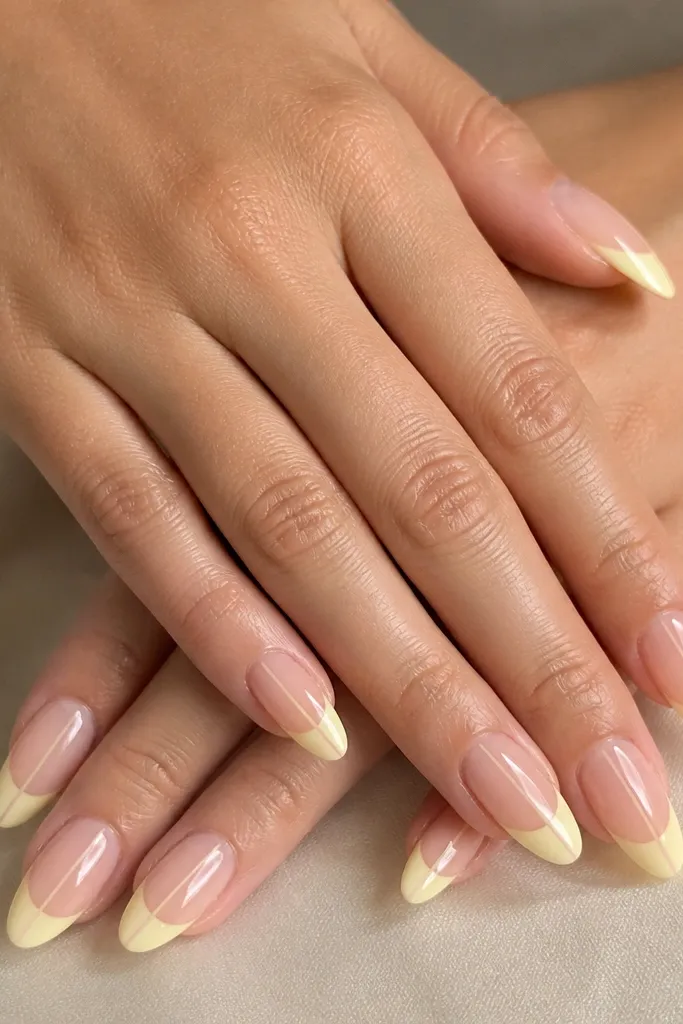 Medium almond nails with a pastel yellow French tip. A vertical clear stripe runs down the center of the tip from smile line to tip point. Base is sheer nude glossy.