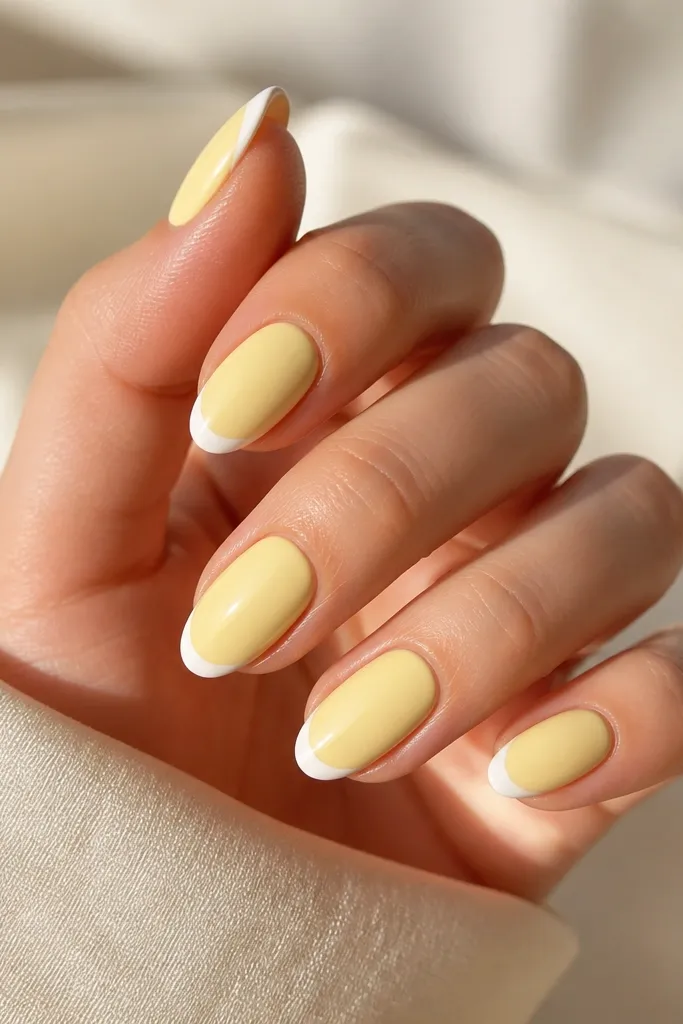 A set of short squoval nails painted a creamy pale yellow. The tips are capped with a very thin white line, crisp and centered, with glossy shine.