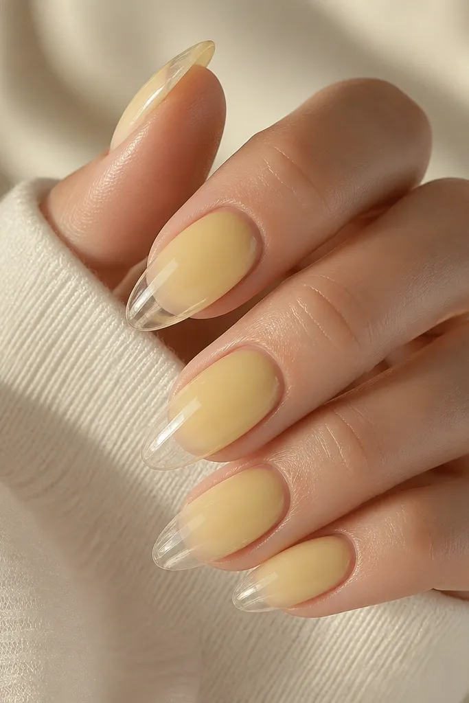 Medium oval nails with a sheer butter-yellow glaze on the nail bed. The tips are clear jelly with a glossy look, and the transition is soft, like a gradient.