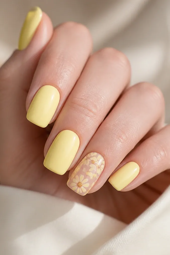 Light yellow pastel on all nails with glossy finish. On the ring finger only, there's a small white daisy with a tiny yellow dot center, and two thin green stems.
