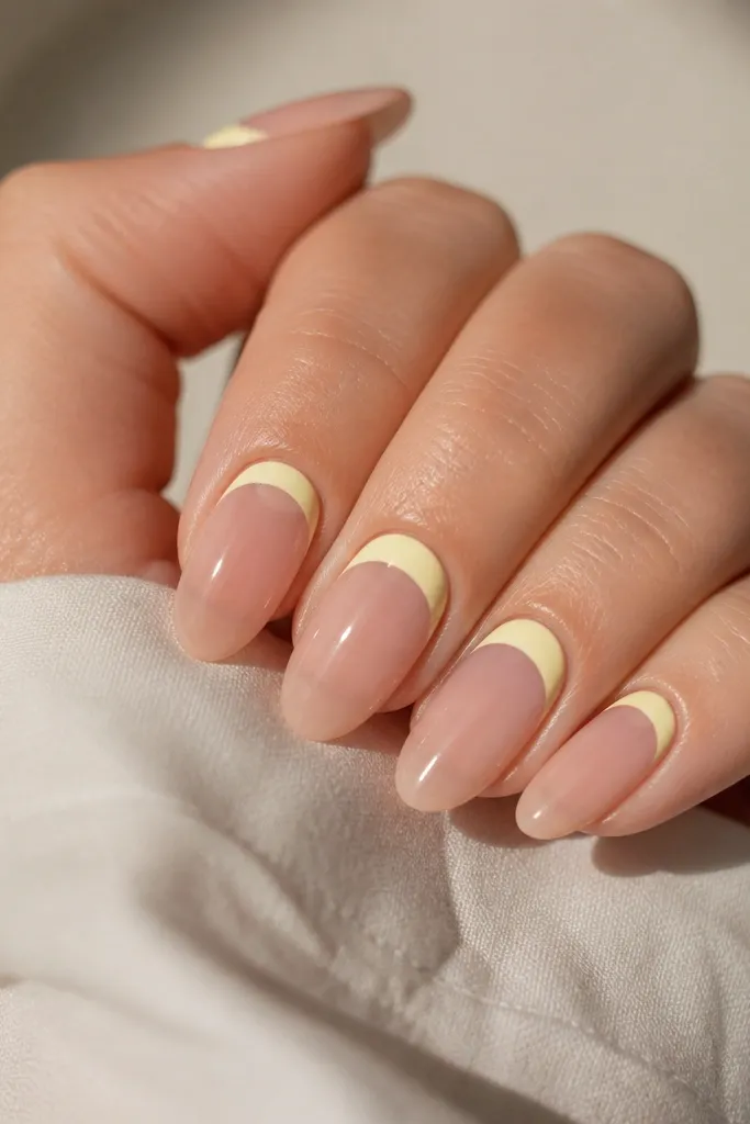 Short nails painted in pale yellow only on the lower half. The cuticle area stays clear, forming a clean half-moon. Glossy finish.