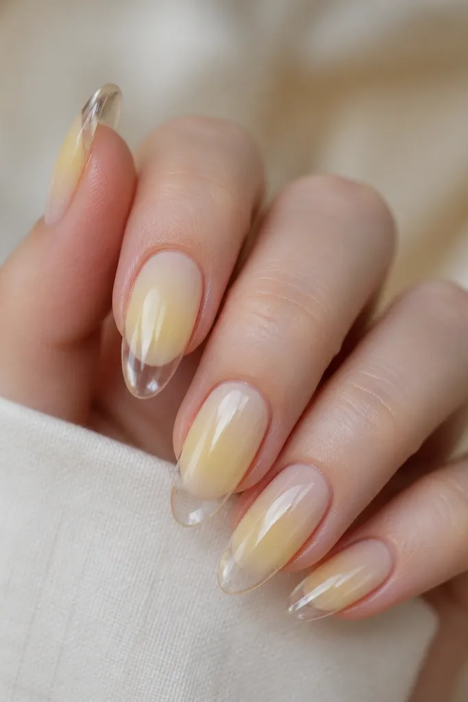 Medium almond nails with a strong pale yellow near the center that fades into clear at the tip. The gradient looks smooth and glossy.