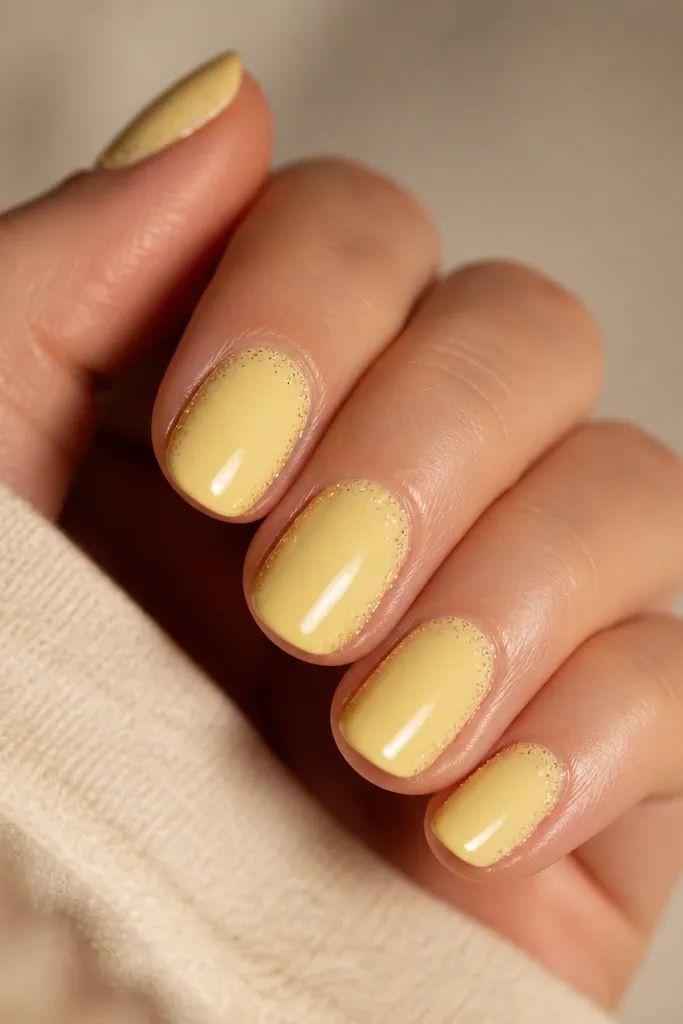Glossy pale yellow nails. Each nail has a thin halo of micro-glitter concentrated around the cuticle, fading outward.
