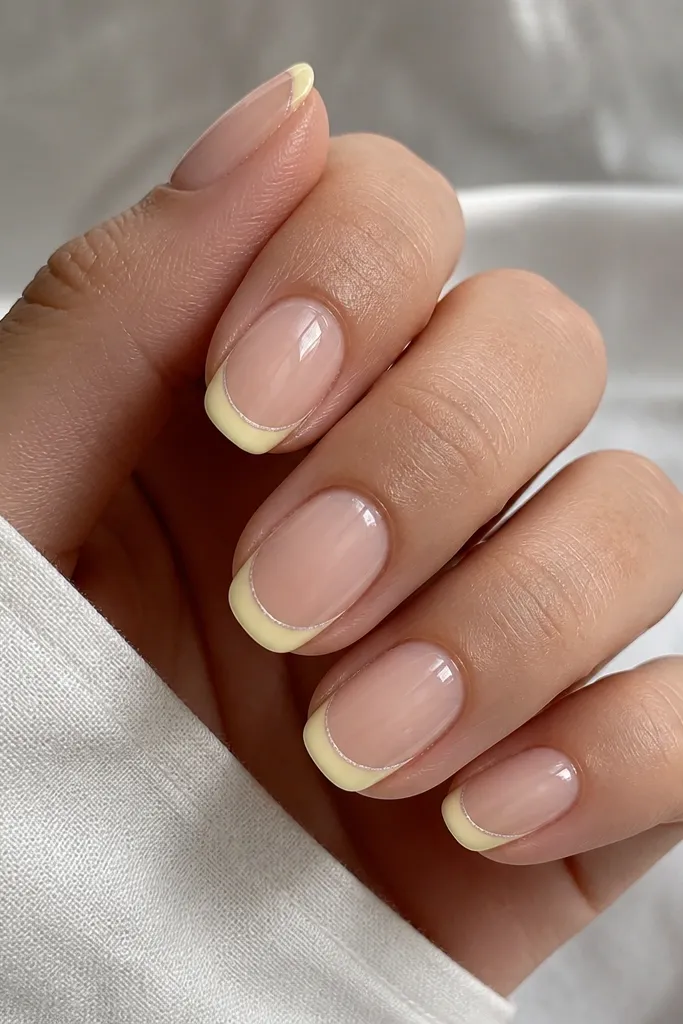 Nails with a nude base. The tips are pale yellow French tips. Around each tip is a thin clear outline effect that makes the yellow look crisp.