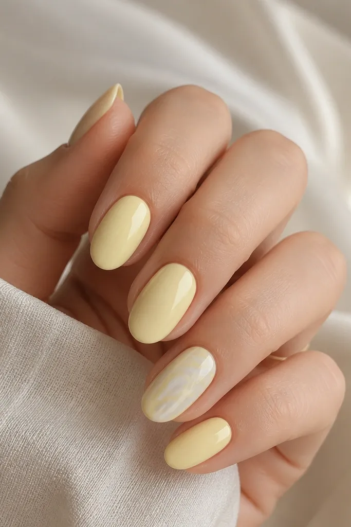 Most nails are solid glossy light yellow pastel. On the ring finger, there's a soft marble swirl in pale yellow, milky white, and a whisper of pale gray.