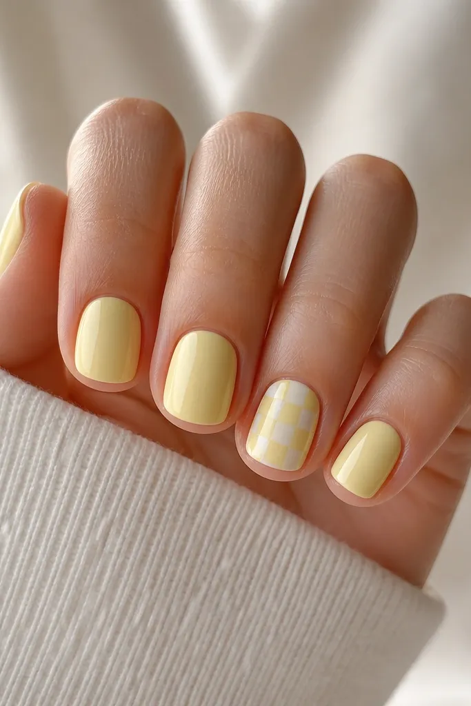 Short square nails painted light yellow pastel. Two nails have a tiny checkerboard in pale yellow and milky white, with crisp grid lines.