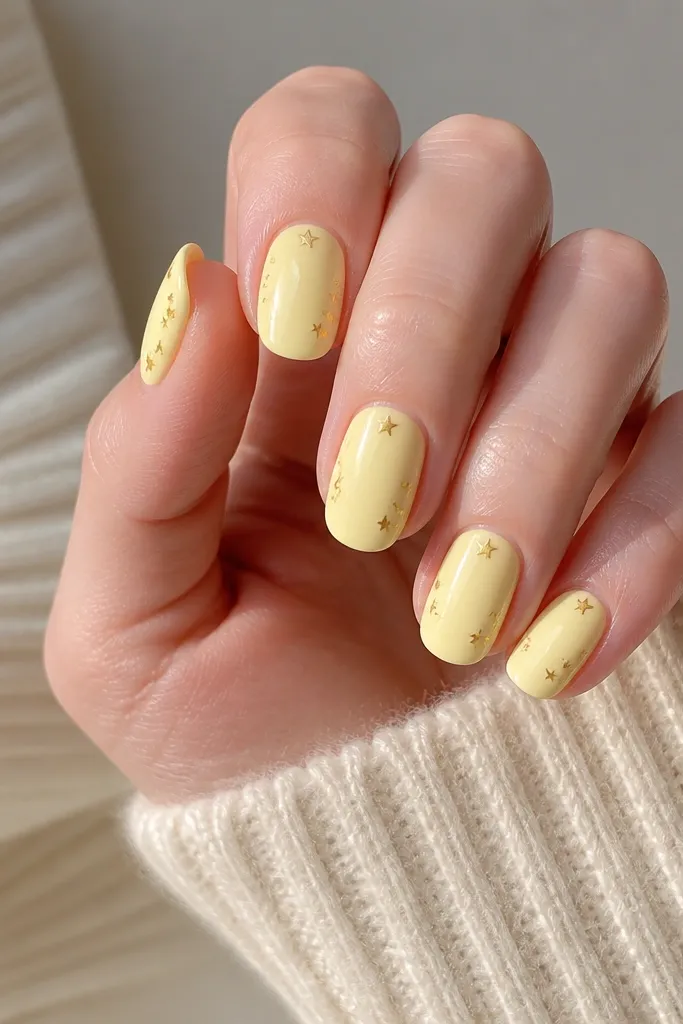 Glossy light yellow nails pastel. Each nail has a few tiny gold stars scattered near the edges and one small star near the cuticle.