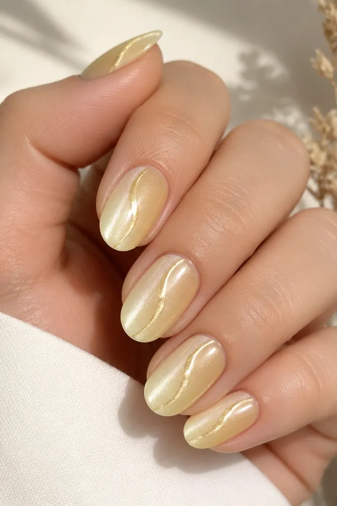 Medium oval nails with a pale yellow cat-eye polish. A soft curved gold band runs vertically, and the rest is a milky yellow with glossy shine.