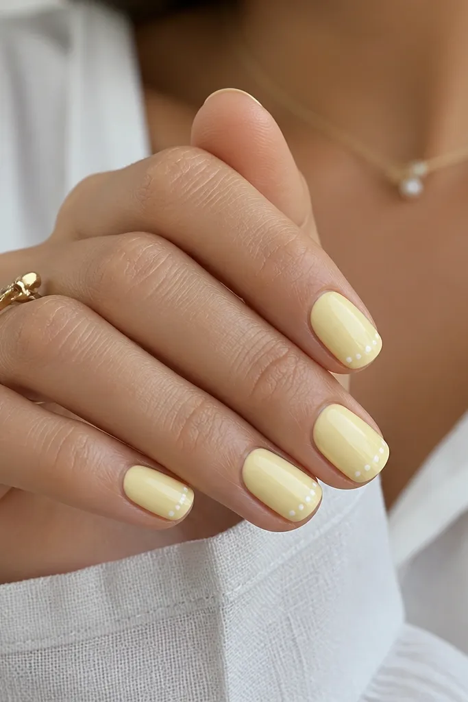 Glossy light yellow pastel nails with white dotted circles forming a line just under the tip, like a tiny necklace.