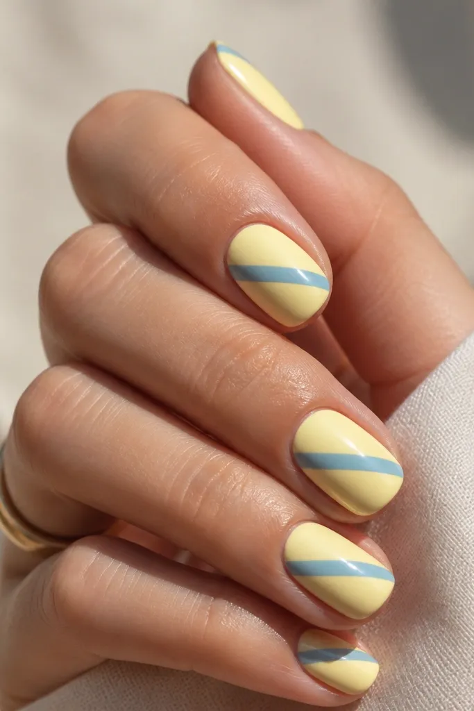 Nails painted pale yellow. A diagonal stripe cuts across each nail in sky blue, with the stripe ending near the sidewall. Glossy finish.