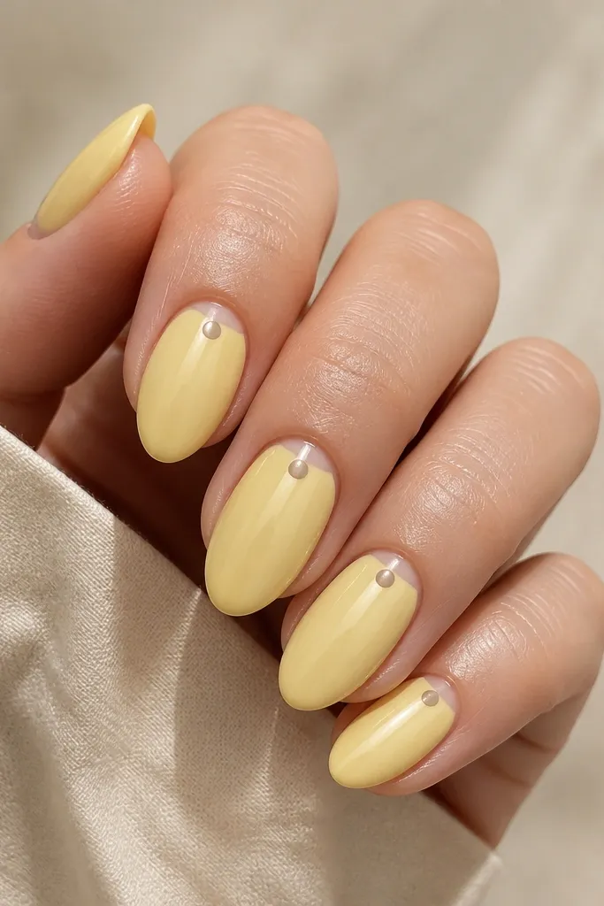 Short rounded nails in glossy light yellow pastel. Each nail has one small nude dot at the center of the cuticle area.