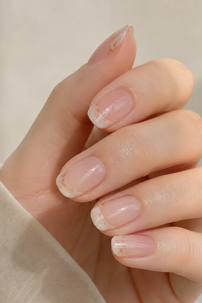 Clear or sheer nude base nails with a marble-like French tip. The tip blends milky white and pale yellow in tiny veining. Glossy finish.