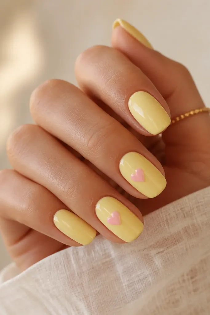 Glossy light yellow pastel nails. On the ring and middle fingers, there are tiny pale pink hearts spaced near the center of the nail.