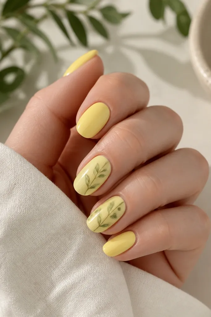 Short almond nails in glossy light yellow pastel with thin green leaf lines on two nails. Leaves are simple, like a minimal branch.