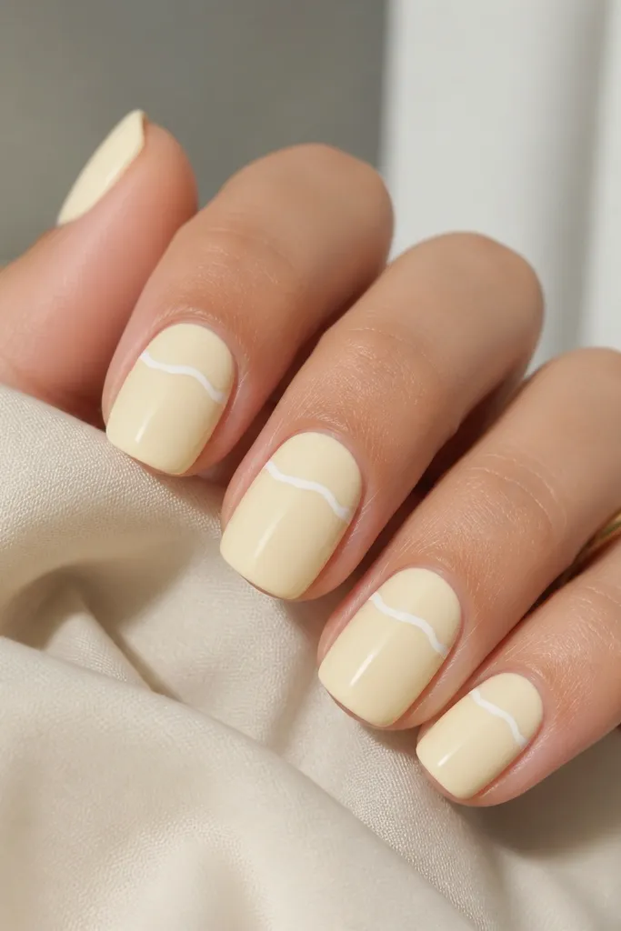 Light yellow pastel nails with glossy finish. One white wavy line runs horizontally across each nail, slightly above the center.