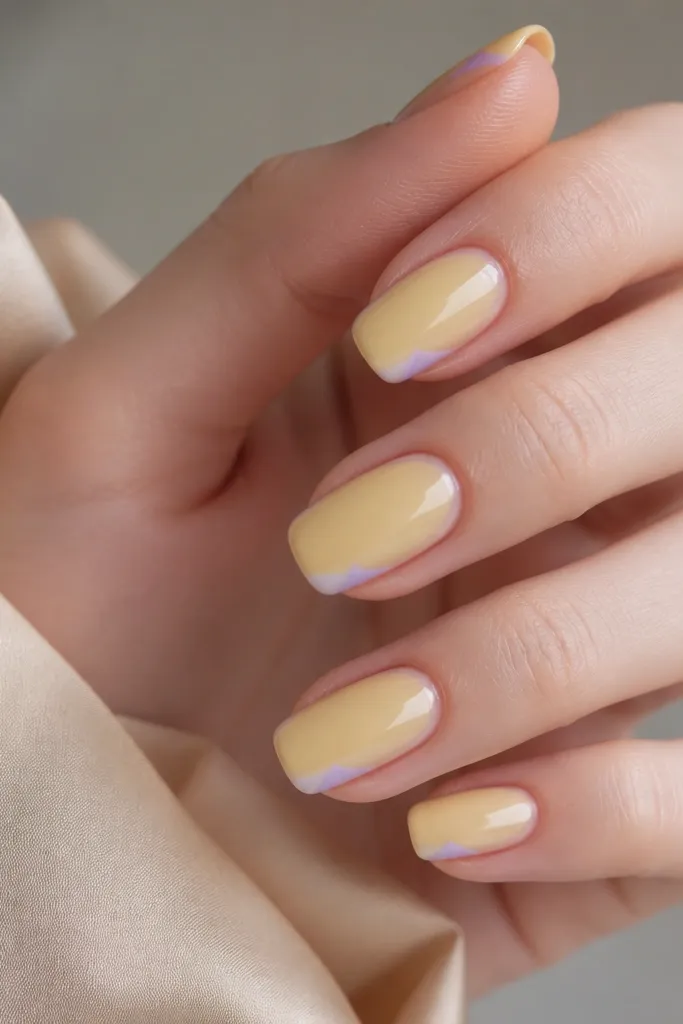 Medium nails with a pale yellow gradient from cuticle to tip. At one side corner near the tip, there's a small pale lilac triangle. Glossy finish.