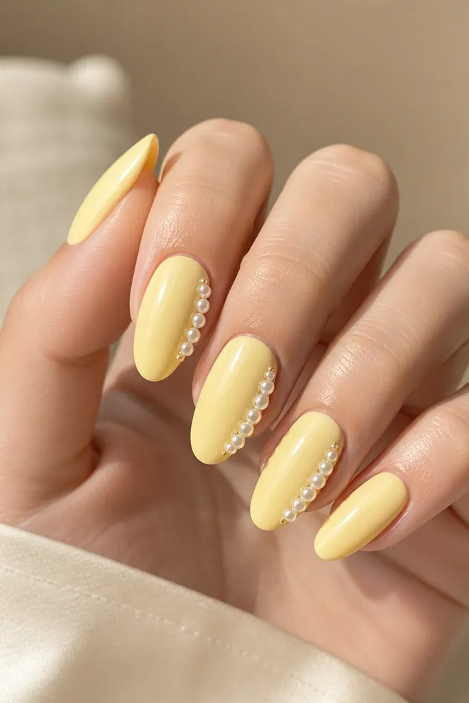 Glossy light yellow pastel nails. On each nail, tiny white pearl beads sit in a short vertical line along one side near the cuticle.