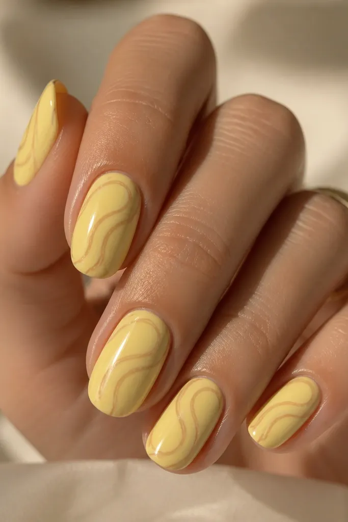 Medium oval nails painted glossy light yellow pastel. Thin nude-beige swirl lines run diagonally across two nails like a minimalist signature.
