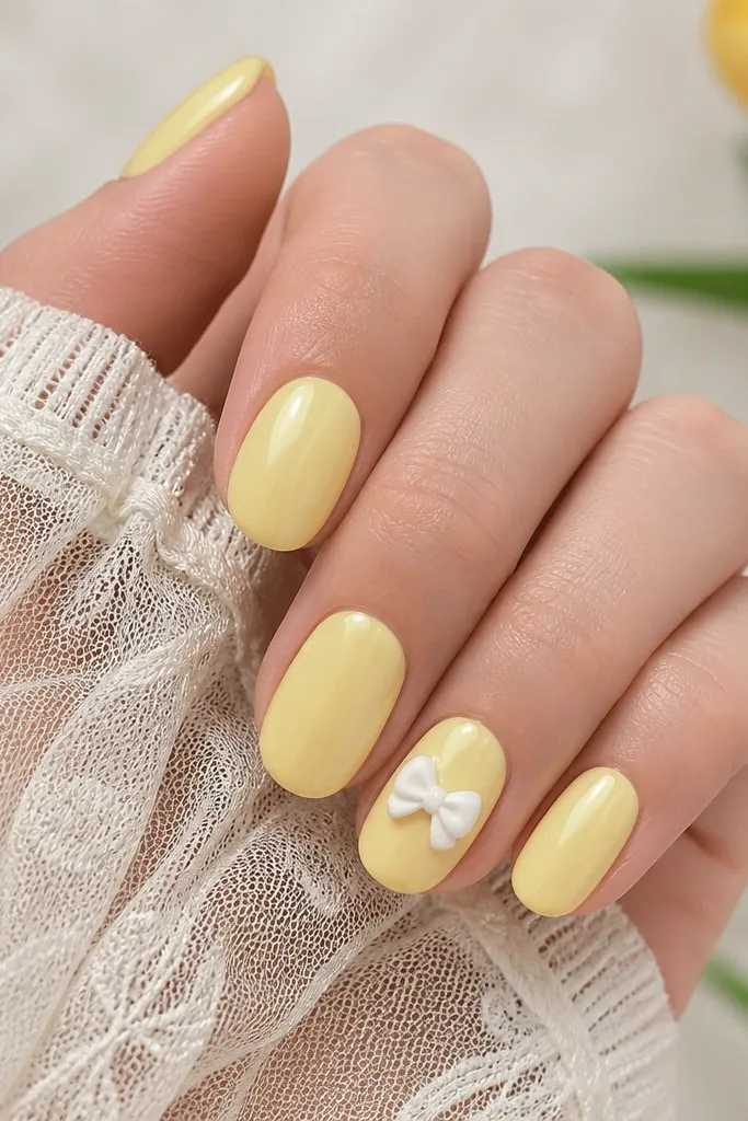 All nails glossy light yellow pastel. The ring finger has a small three-dimensional white bow near the center of the nail with slight shadowing.