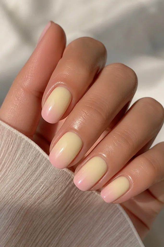 Nails with a milky butter yellow base that fades into pale pink at the tips. The gradient is soft and glossy.