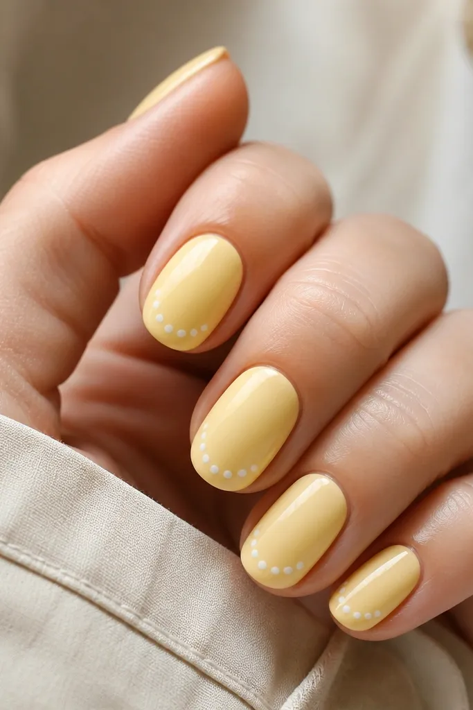 Glossy light yellow pastel nails. A dotted smile curve sits near the tip on each nail, made of tiny white dots that arc left to right.