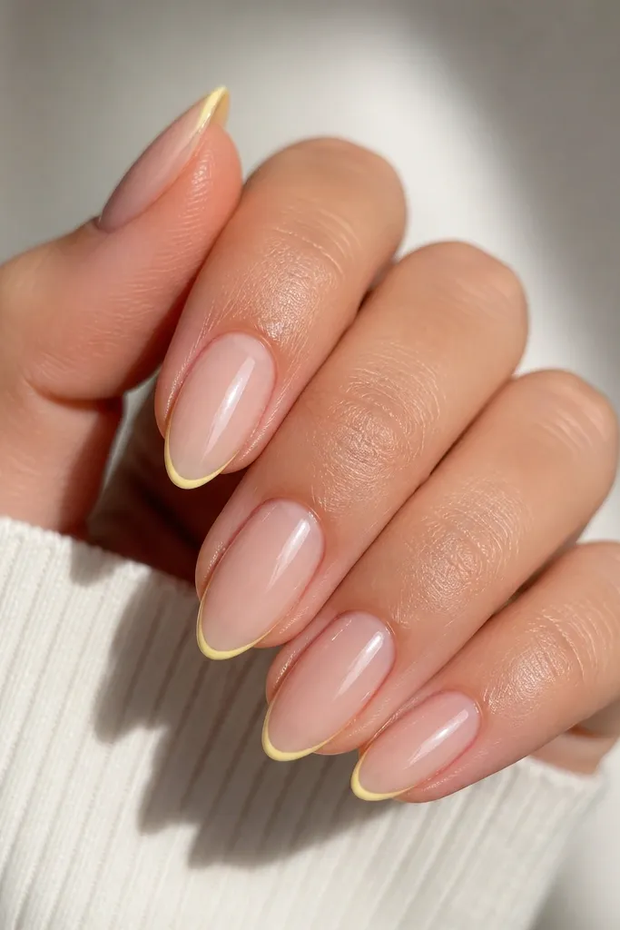 A close-up of almond nails with a sheer nude base. The tips are painted butter yellow in a very thin curved line, with the rest of the tip kept nude. High-gloss finish catches light.