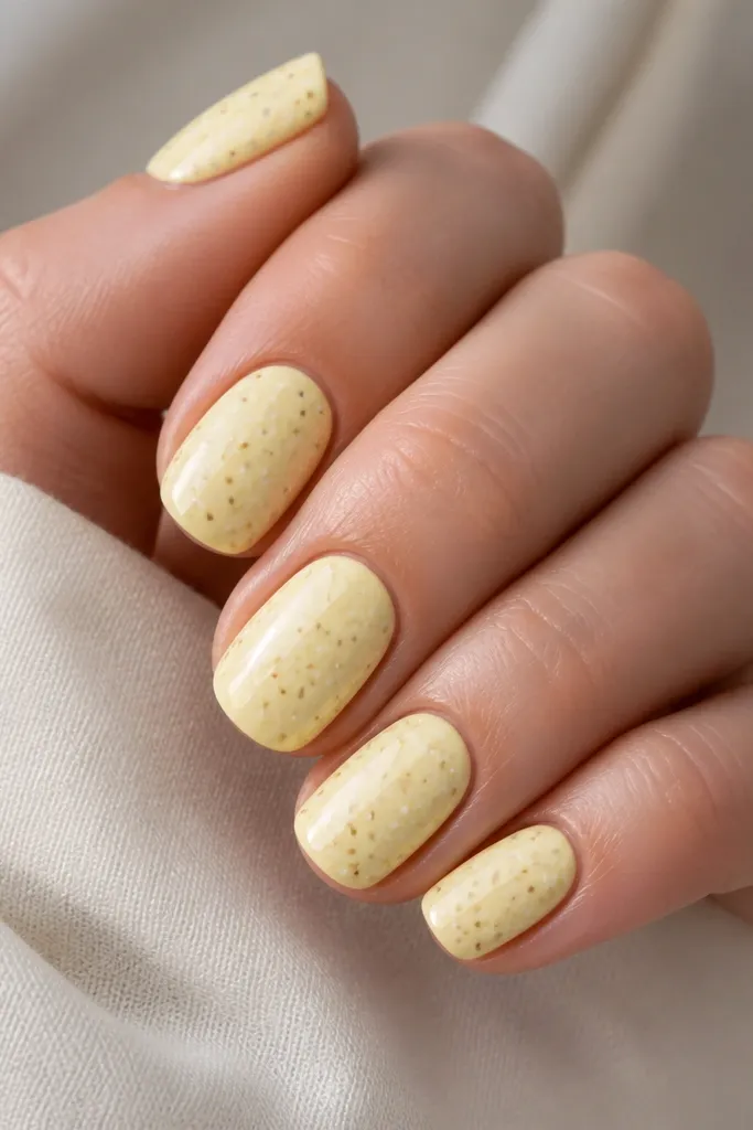 Short-to-medium rounded nails painted lemon cream. Over the top are tiny dots in white and pale gold scattered across the surface, with a glossy top coat.