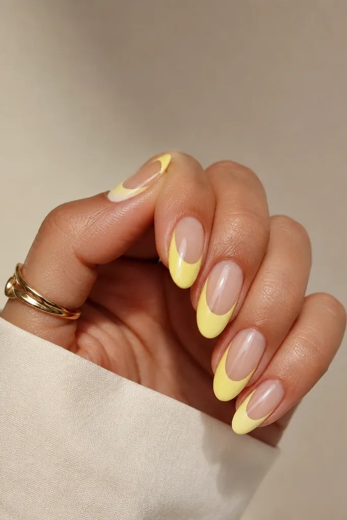 Oval nails with a sheer nude base. A clean half-moon at the cuticle is painted light yellow, while the rest of the nail stays sheer. The half-moon edges are sharp and glossy.