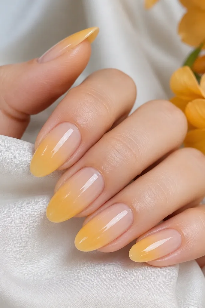 Nails with a clear base fading into a soft marigold yellow toward the tips. The gradient is smooth with no harsh line, and the whole nail is glossy.