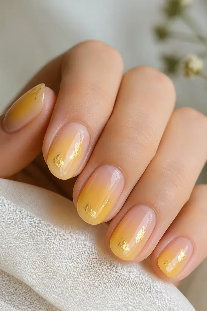Nude nails coated with a semi-sheer yellow wash that glows. Small irregular gold leaf flicks sit near the center and tips. Glossy finish reflects light.