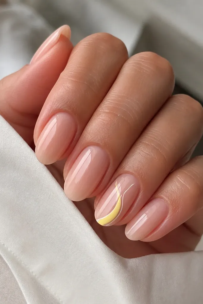 All nails are sheer nude with a glossy finish. The ring finger has a pastel lemon swirl line that curves from mid-nail to the tip, with a thin white outline around parts of the swirl.