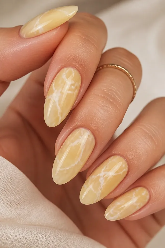 Nails with a pale yellow base and soft milky white marble veins. The veins are thin and slightly curved, and the overall look is high-gloss with subtle depth.