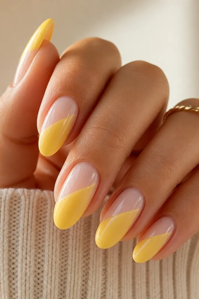 Square or short almond nails split diagonally: one side is sheer nude, the other side is light yellow. The diagonal line is sharp and the nails are glossy.