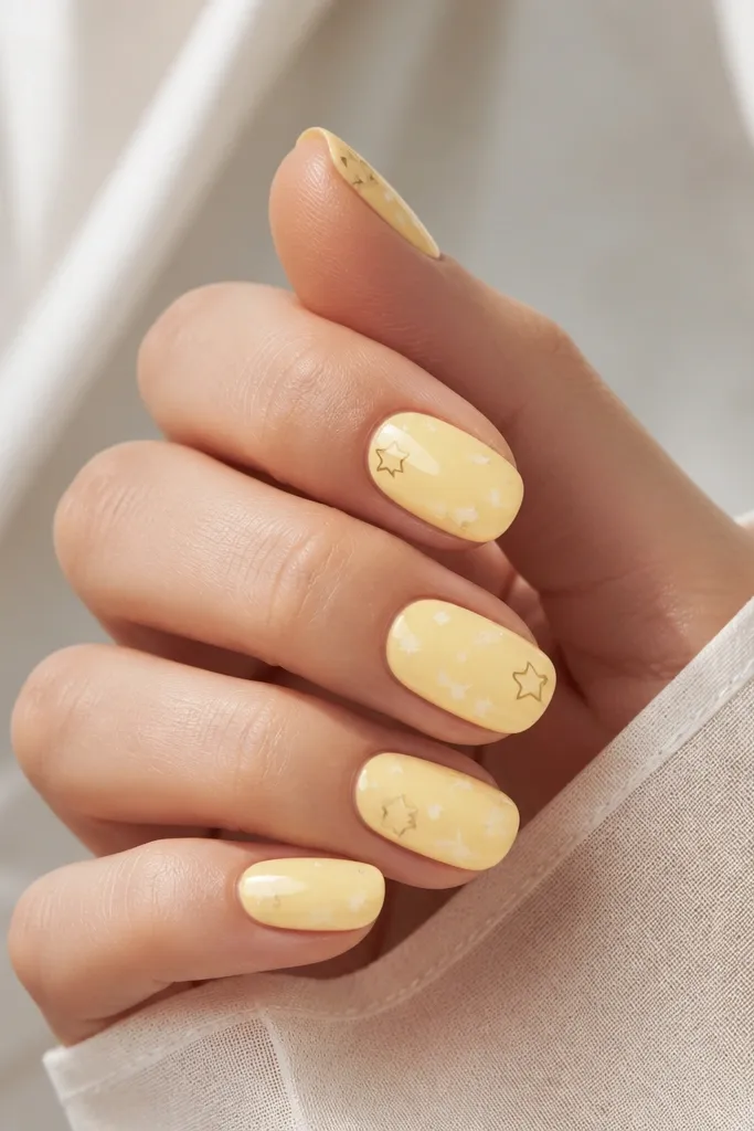 All nails are pastel yellow, glossy. Over them are tiny white star shapes scattered, with a few stars outlined in pale gold on the tips.