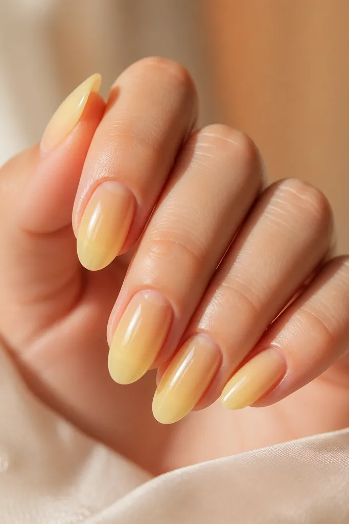 Nails look semi-transparent, like jelly. The base is visible through a light yellow wash, and the tips look slightly brighter. Everything is glossy and smooth.