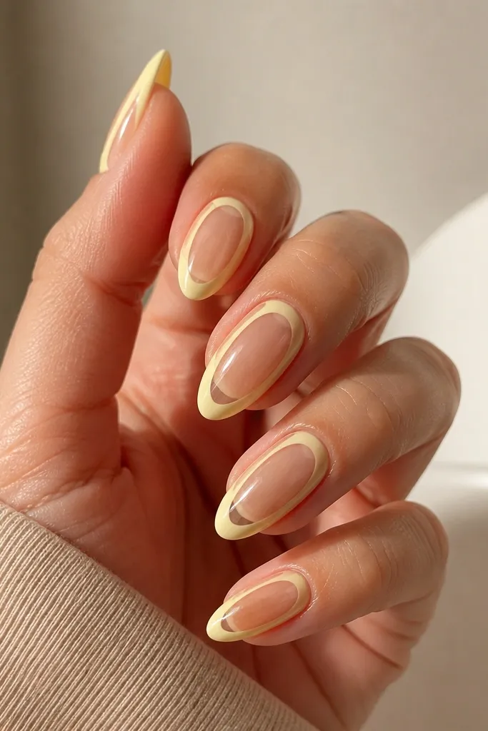 Clear base nails with a thin light yellow outline drawn around the nail edges and a small outline around the tip shape. The inside stays clear and glossy.