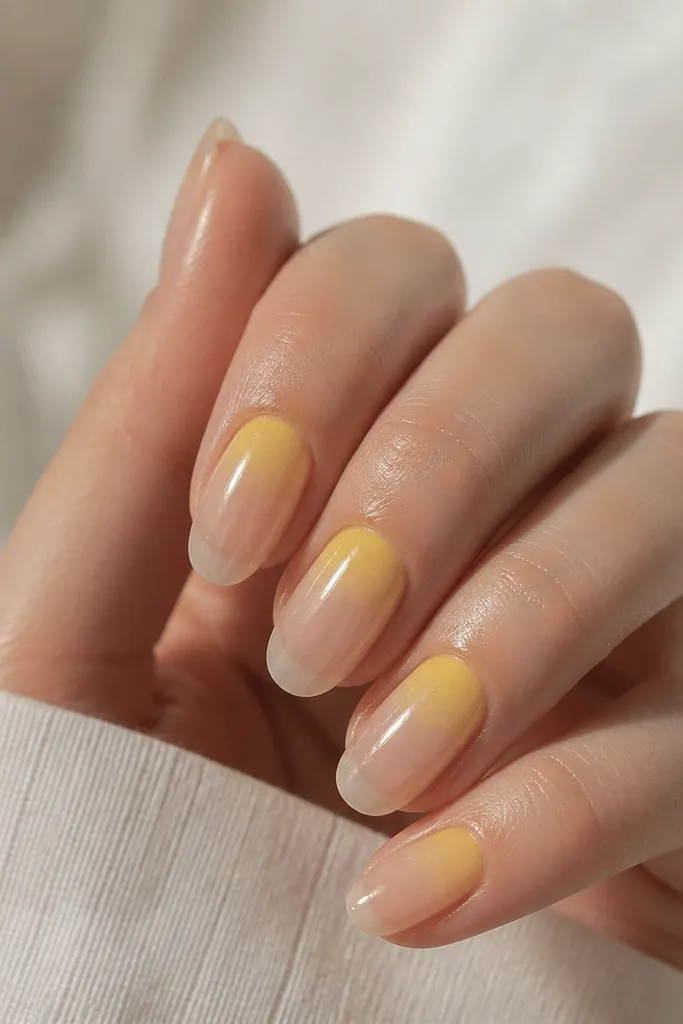 Nails with a soft sheer base. A glowing light yellow aura blooms around the cuticle area, fading outward. The rest of the nail stays mostly clear and glossy.