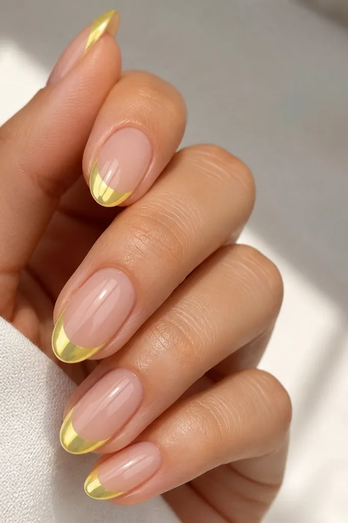 Nails with a sheer nude base. The tips are coated in bright light yellow chrome, creating a mirror shine. The rest of the nail stays nude and glossy.