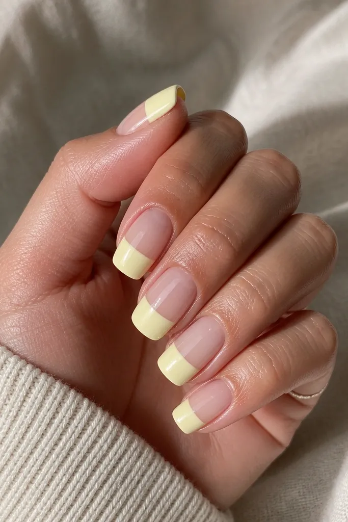 Nails are clear or sheer nude. The bottom half of each nail tip is painted butter yellow in a straight horizontal band. The line is crisp and the top coat is glassy.